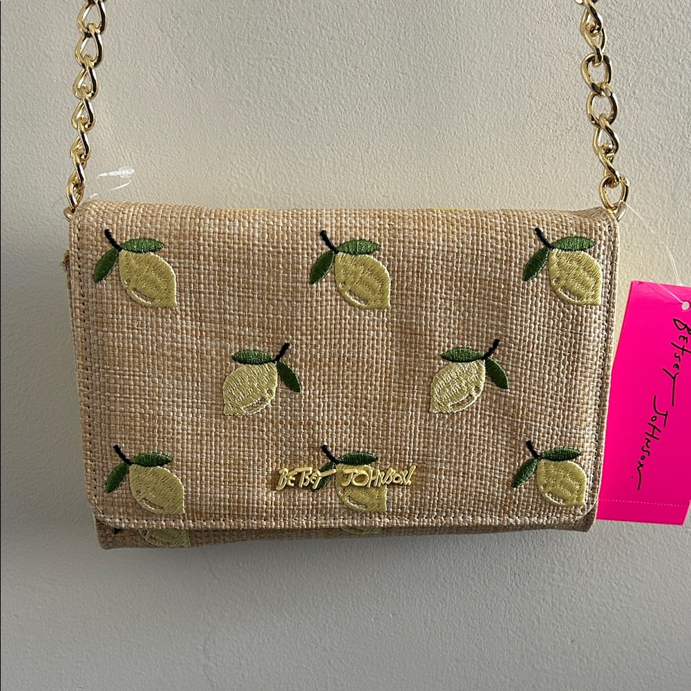 Betsey Johnson, Beige with Embroidered Lemon Crossbody Handbag